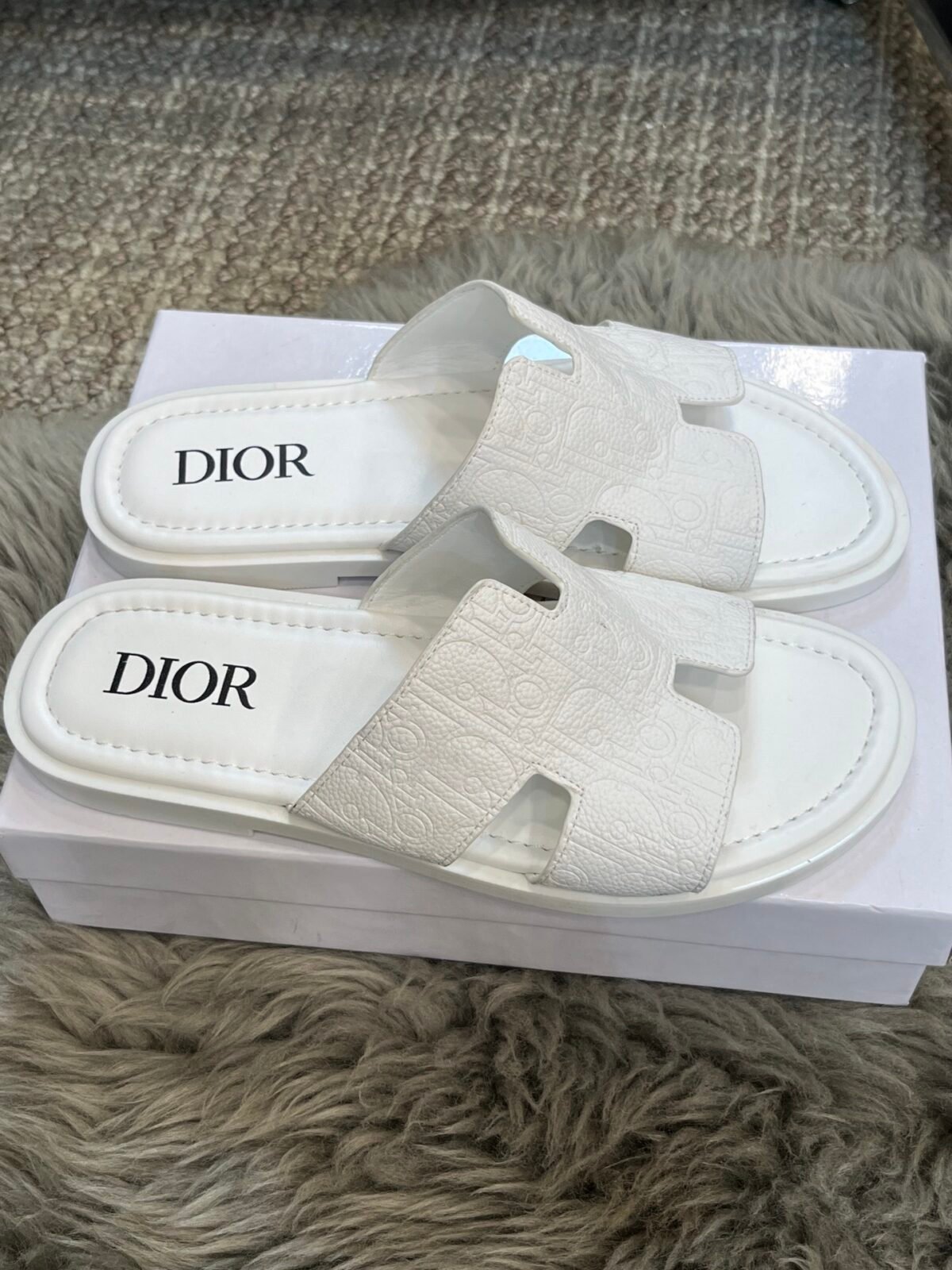 CD Dway Slide White Oblique Embossed Leather – Slides — 2