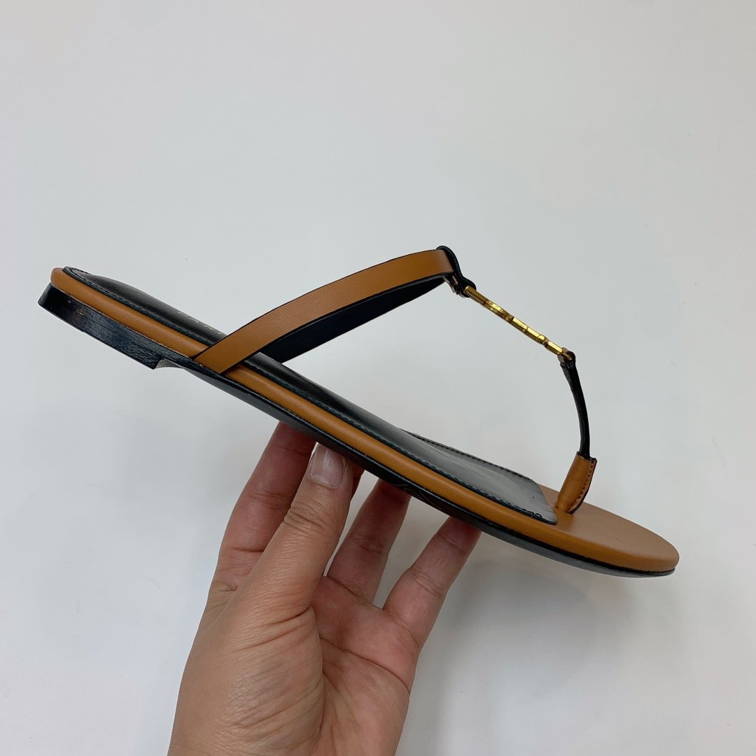YSL Cassandra Flat Thong Sandals Tan Leather - Sandals - Image 5