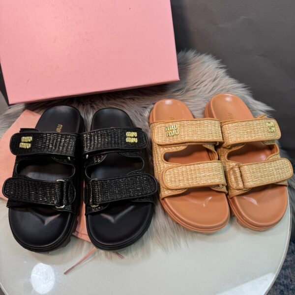 MIU Raffia Velcro Slides - Slides