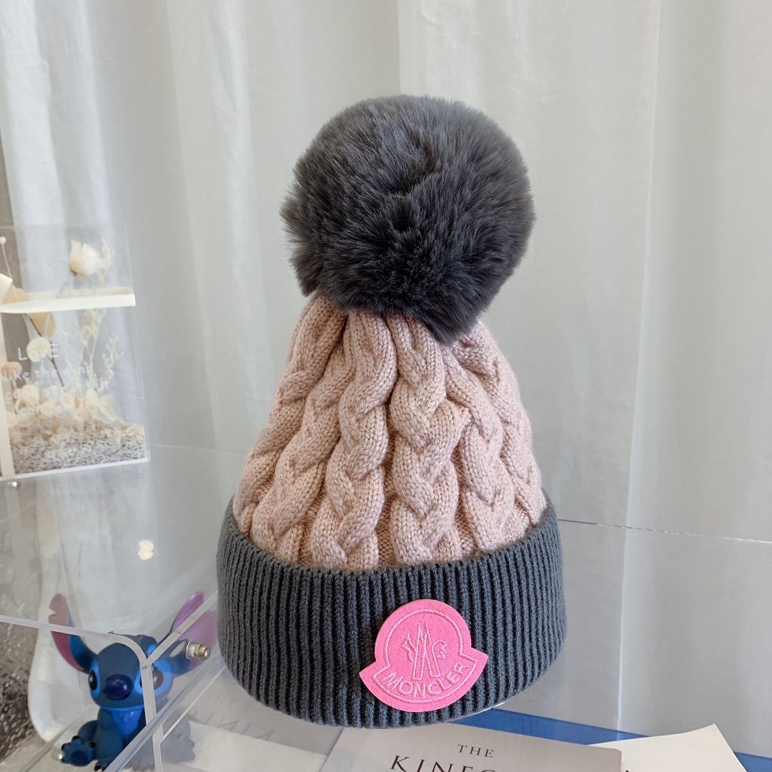 MCL Pom Pom Cable Knit Beanie Pink/Grey - Hat - Image 6