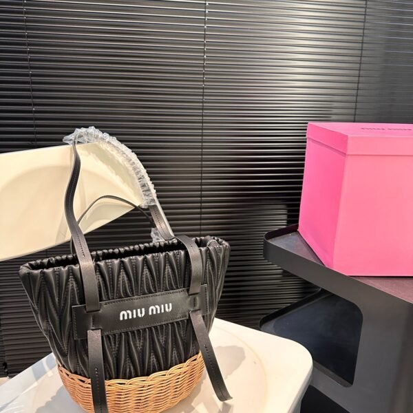 MIU Woven Leather and Straw Tote - Bag