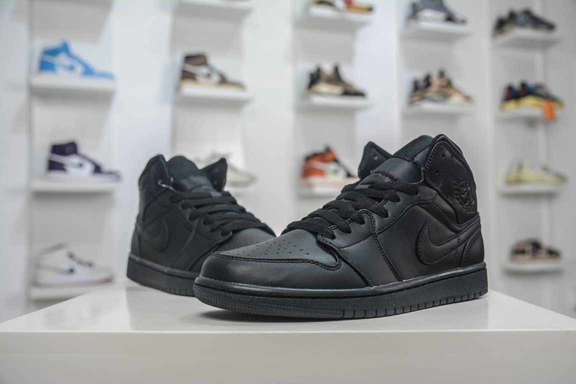 NK Air Jordan 1 Mid Triple Black Black Leather - Sneakers - Image 4