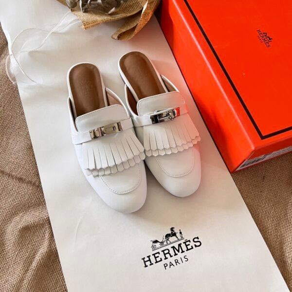 HM Kelly Fringe Loafer Mule White Leather - Shoes