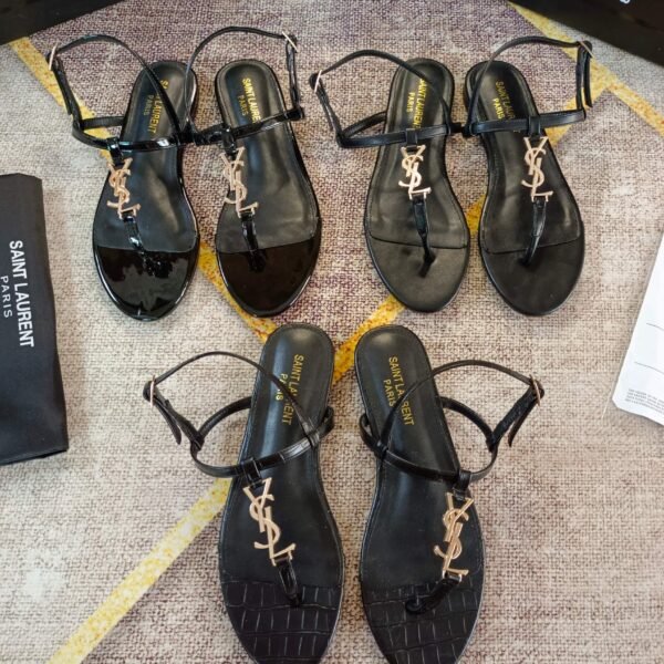 YSL Cassandra Flat Sandals Black Leather - Sandals