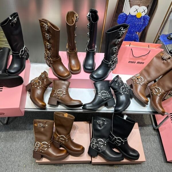 MIU Harness Boots Black/Brown Leather - Boots
