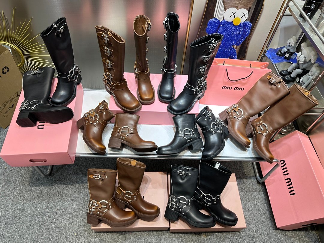 MIU Harness Boots Black/Brown Leather - Boots