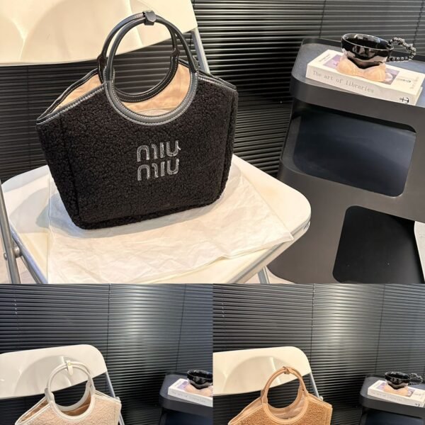 MIU Shearling Mini Tote Black/Beige Shearling - Bag