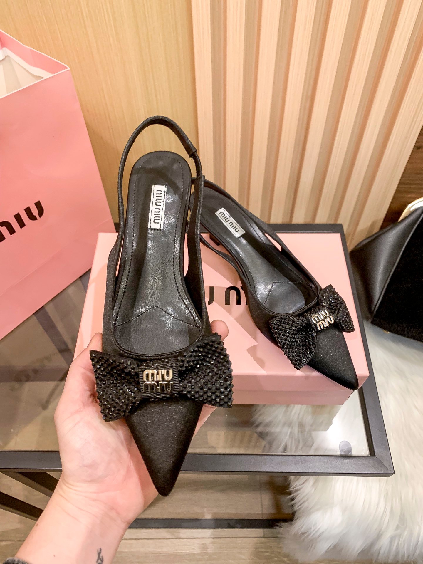 MIU Glitter Bow Slingback Black Satin - Heels - Image 5