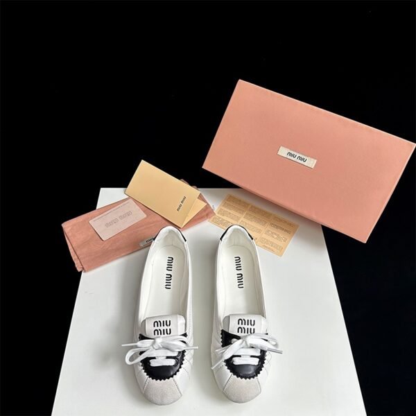 MIU Ballet Flats White/Black Leather - Shoes