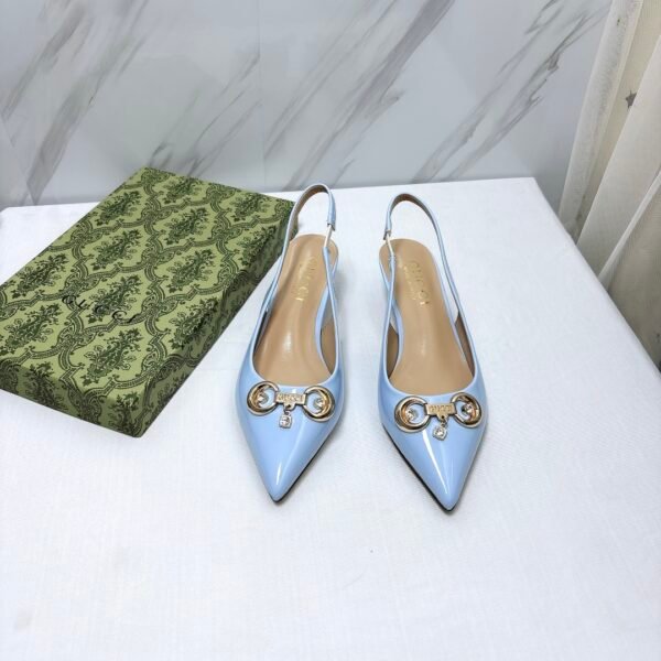 GG Horsebit Slingback Pumps Light Blue Patent Leather - Heels