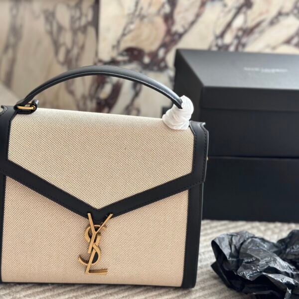 YSL Cassandra Small Beige Canvas and Black Leather - Bag