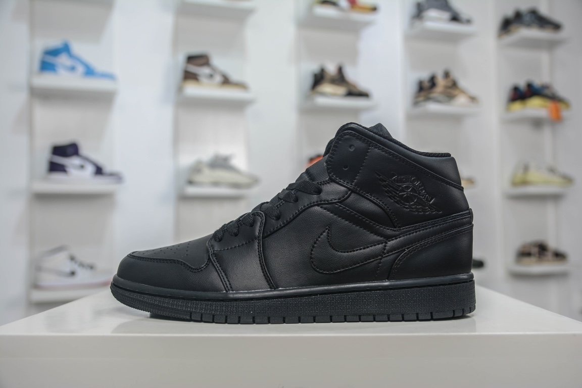 NK Air Jordan 1 Mid Triple Black Black Leather - Sneakers