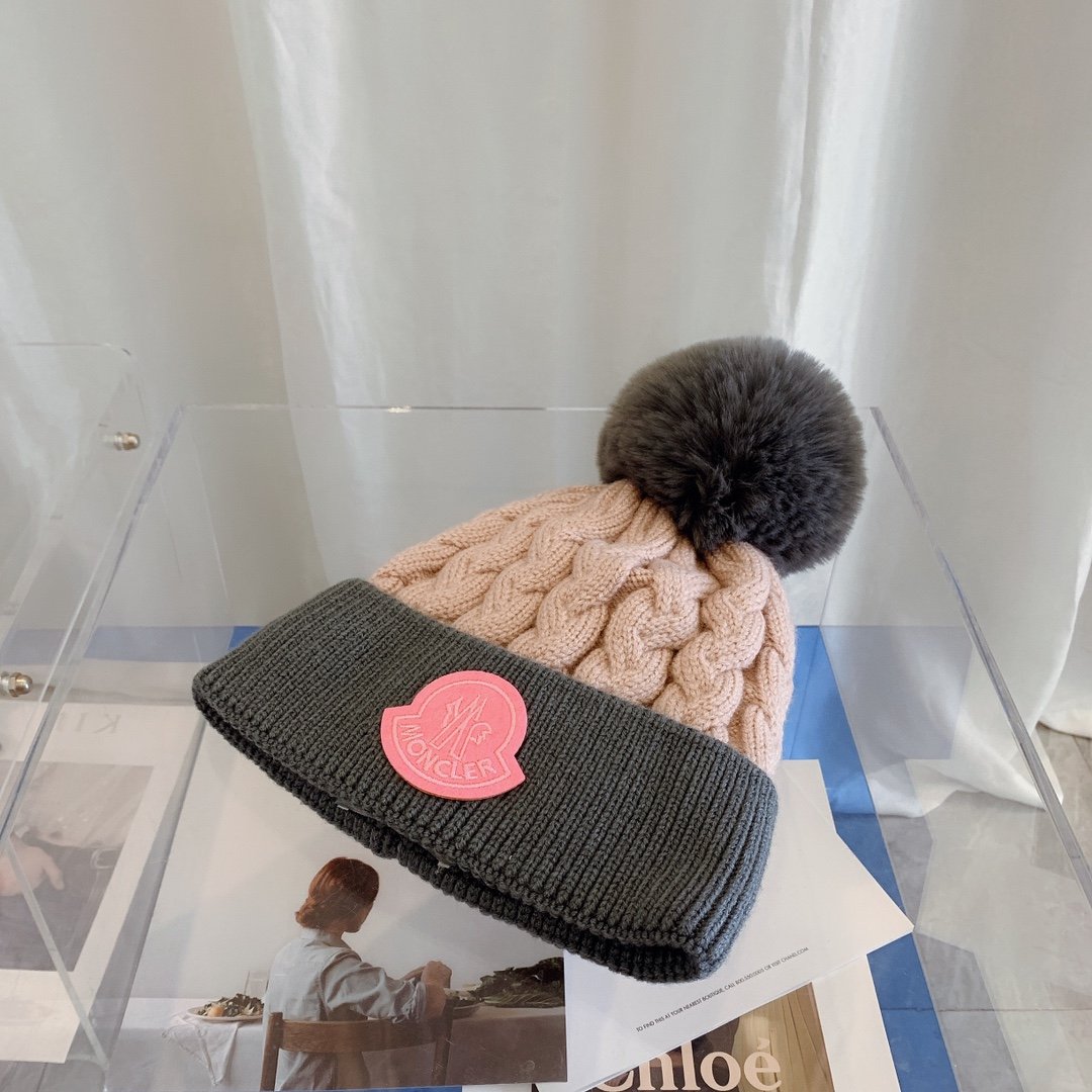 MCL Pom Pom Cable Knit Beanie Pink/Grey - Hat