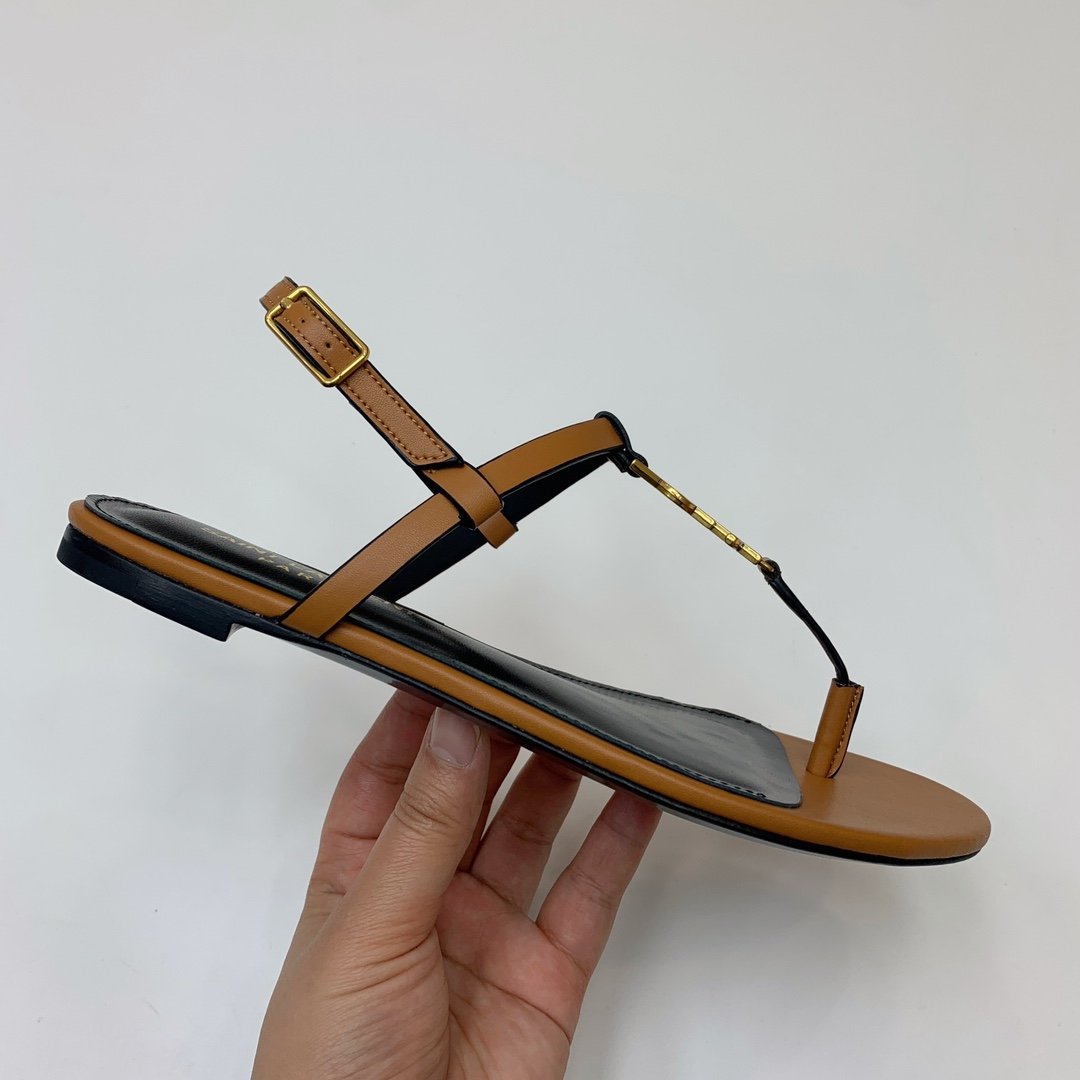 YSL Cassandra Flat Sandals Tan Leather - Sandals - Image 4