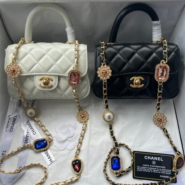 CC Mini Flap Bag with Pearl Chain Mini White and Black Lambskin - Bag