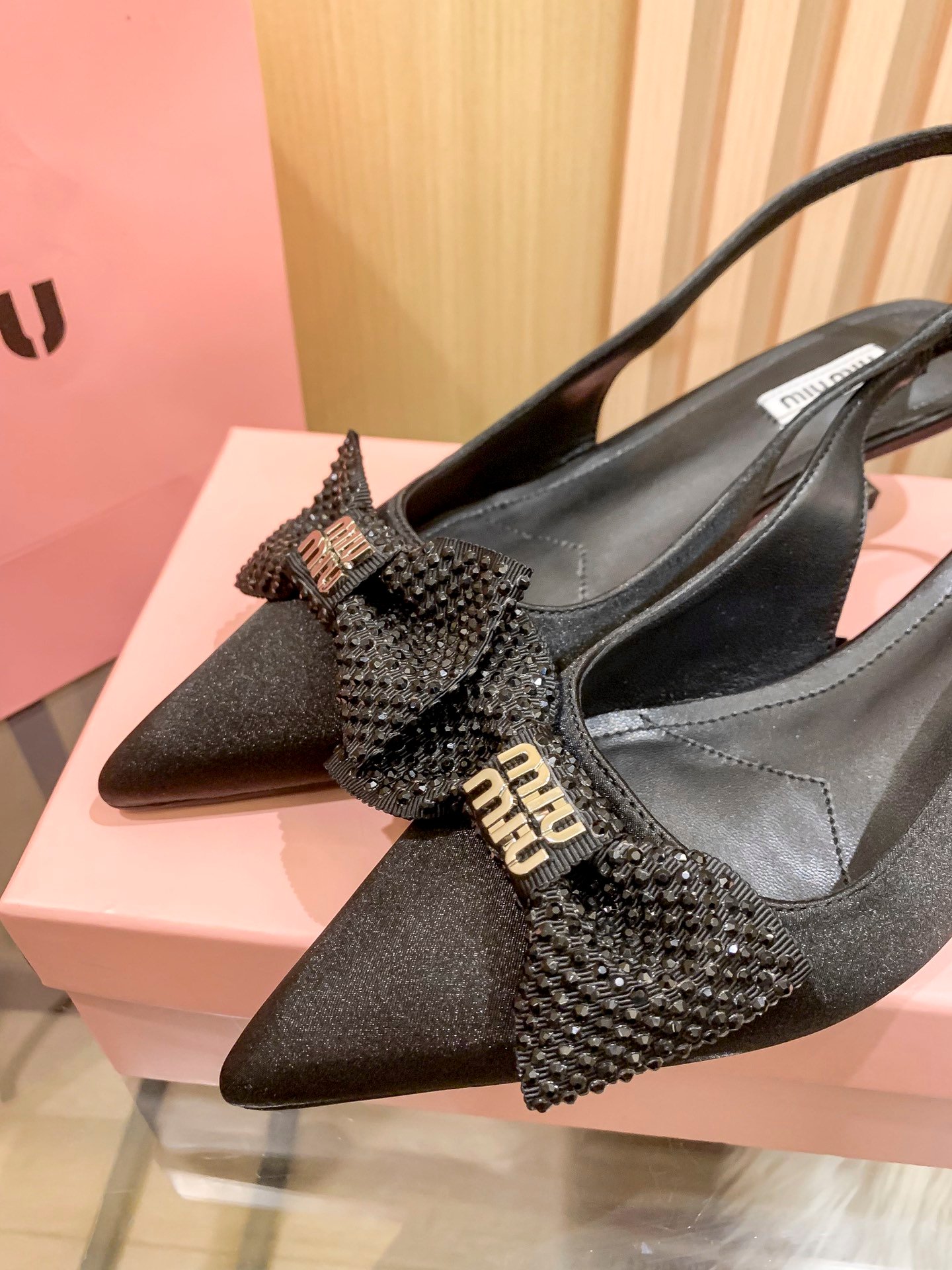 MIU Glitter Bow Slingback Black Satin - Heels - Image 7