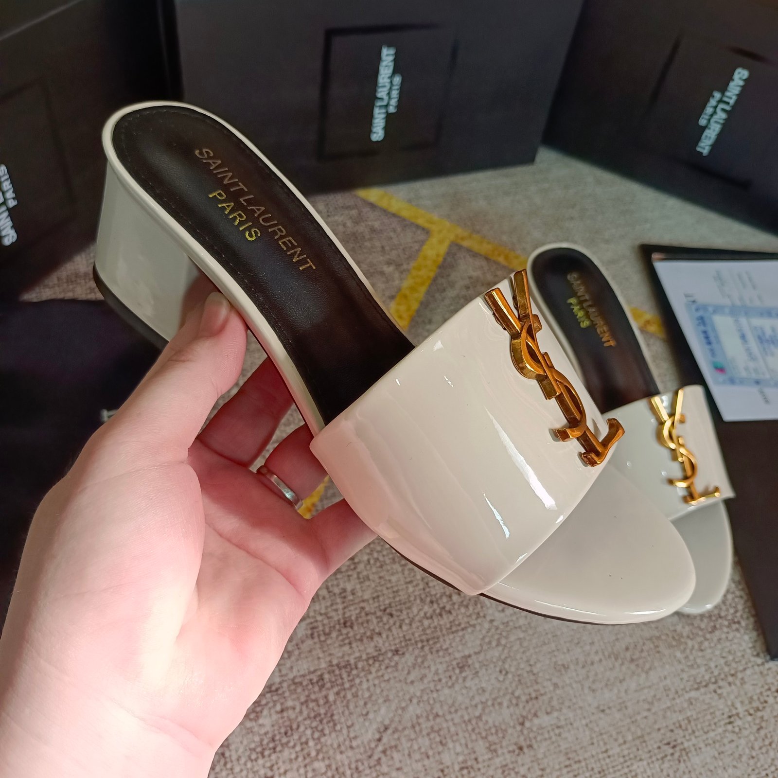 YSL Cassandra Patent Leather Mules White - Heels - Image 4