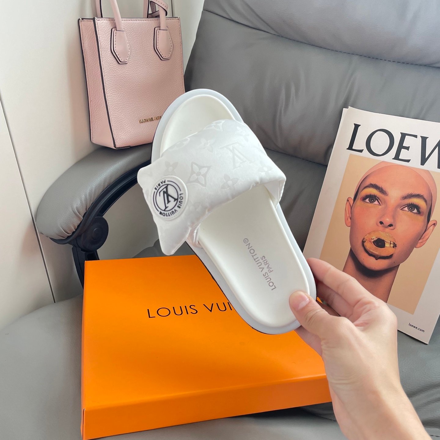 LV Pool Pillow Comfort White Monogram - Slides - Image 7