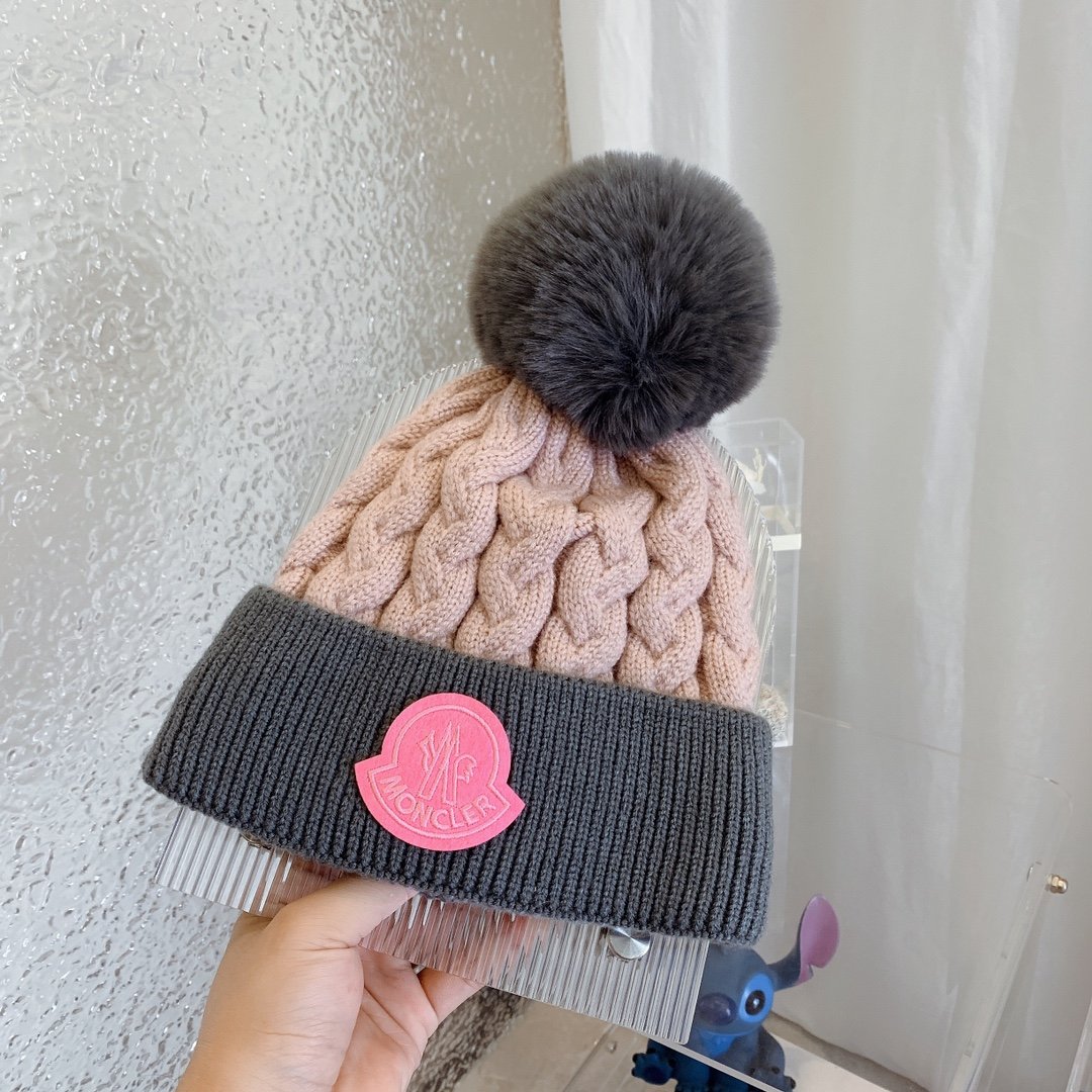 MCL Pom Pom Cable Knit Beanie Pink/Grey - Hat - Image 4