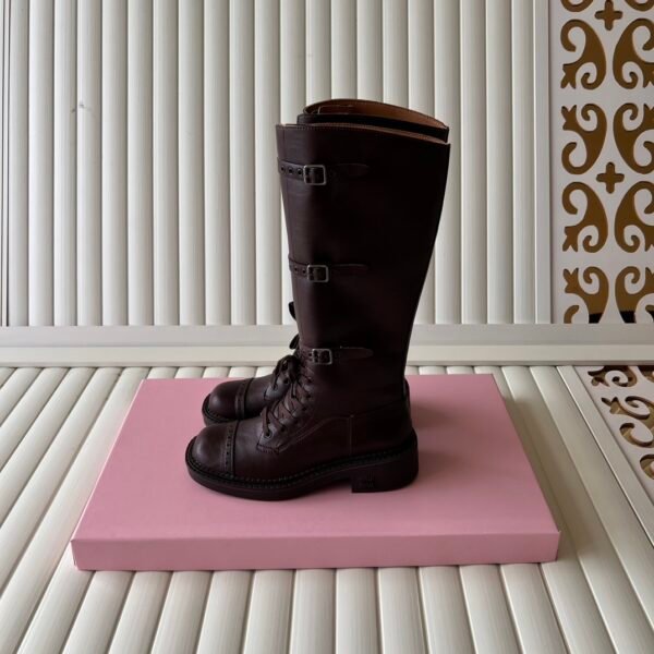 MIU Triple Buckle Knee-High Boots Brown Leather - Boots