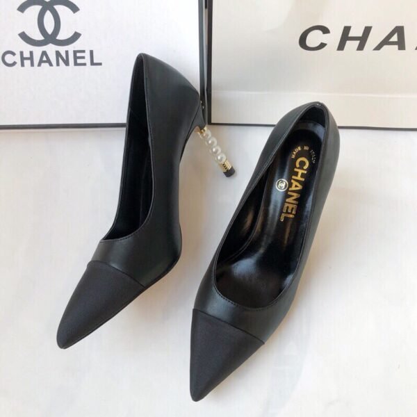 CC Pearl Heel Pumps Black Satin and Leather - Heels
