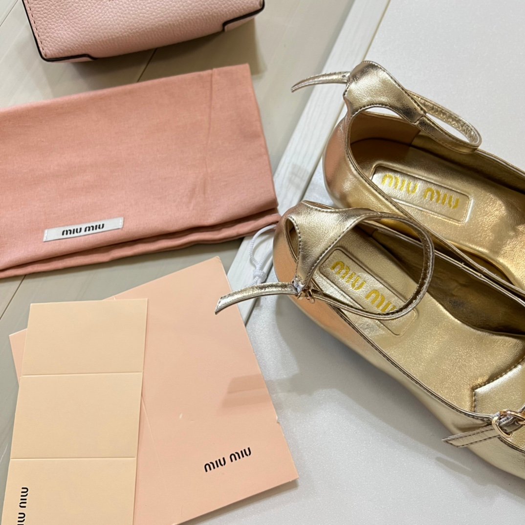MIU Mary Jane Ballerina Gold/Black Leather - Shoes - Image 6