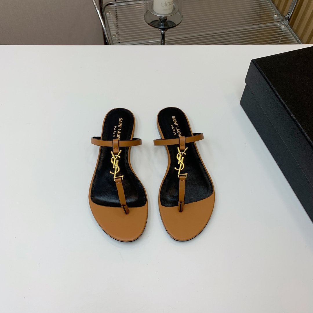 YSL Cassandra Flat Thong Sandals Tan Leather - Sandals