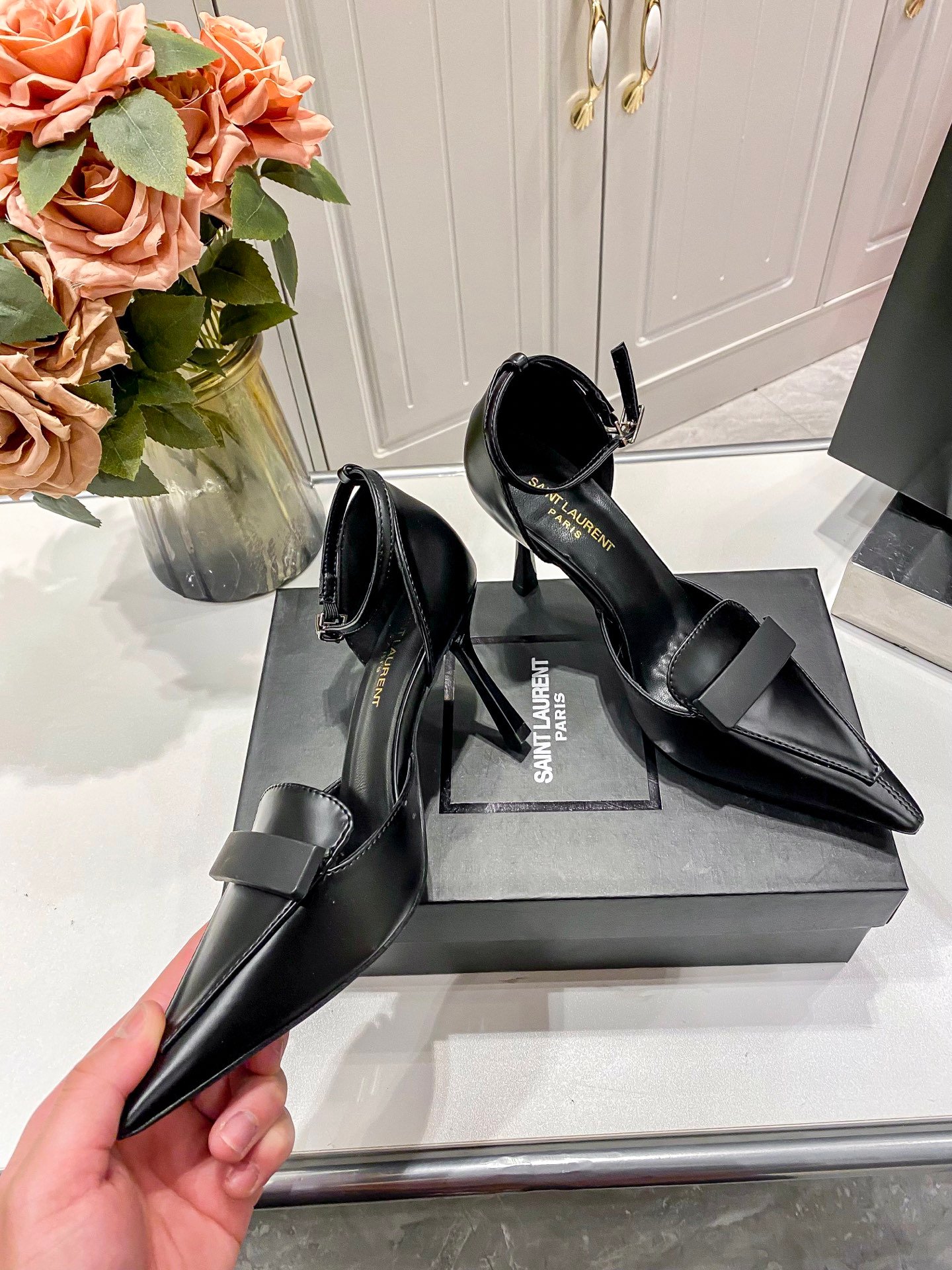 YSL Opyum Pointed Toe Pumps Black Leather - Heels - Image 6
