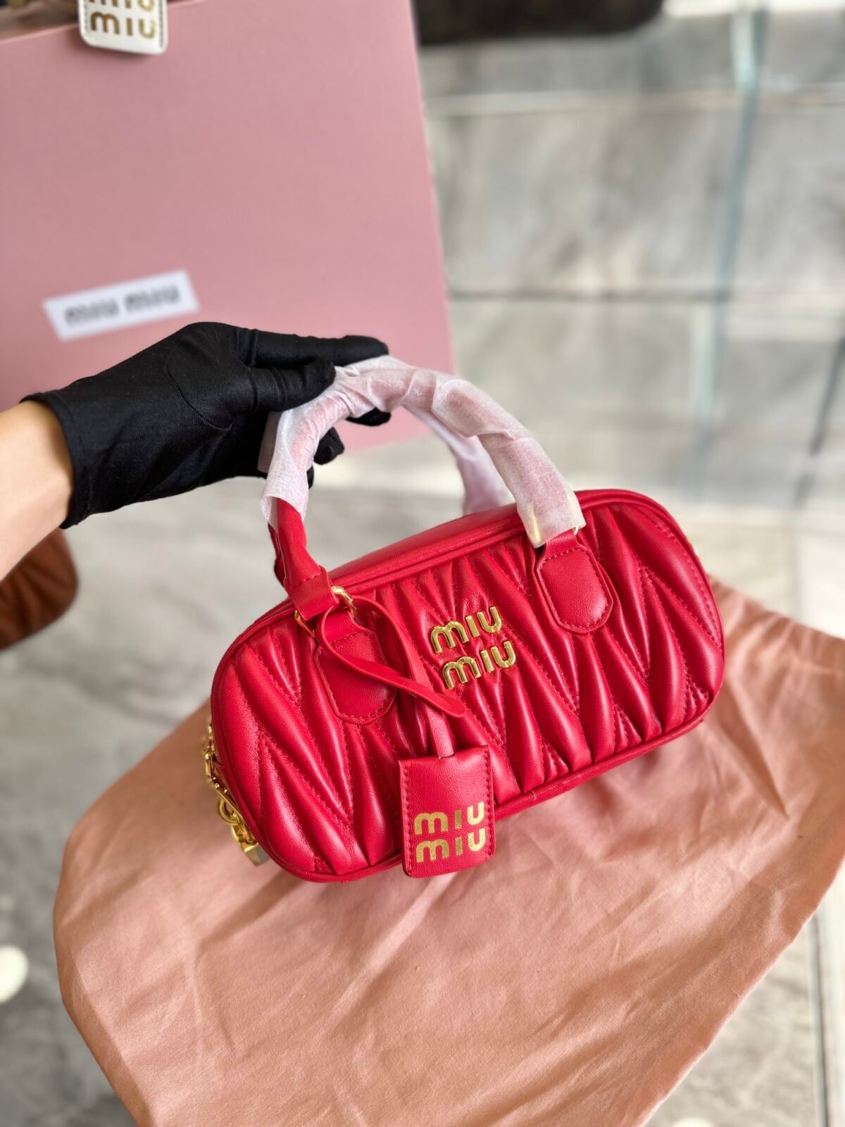MIU Matelassé Bowling Bag – Bag – Red — 5