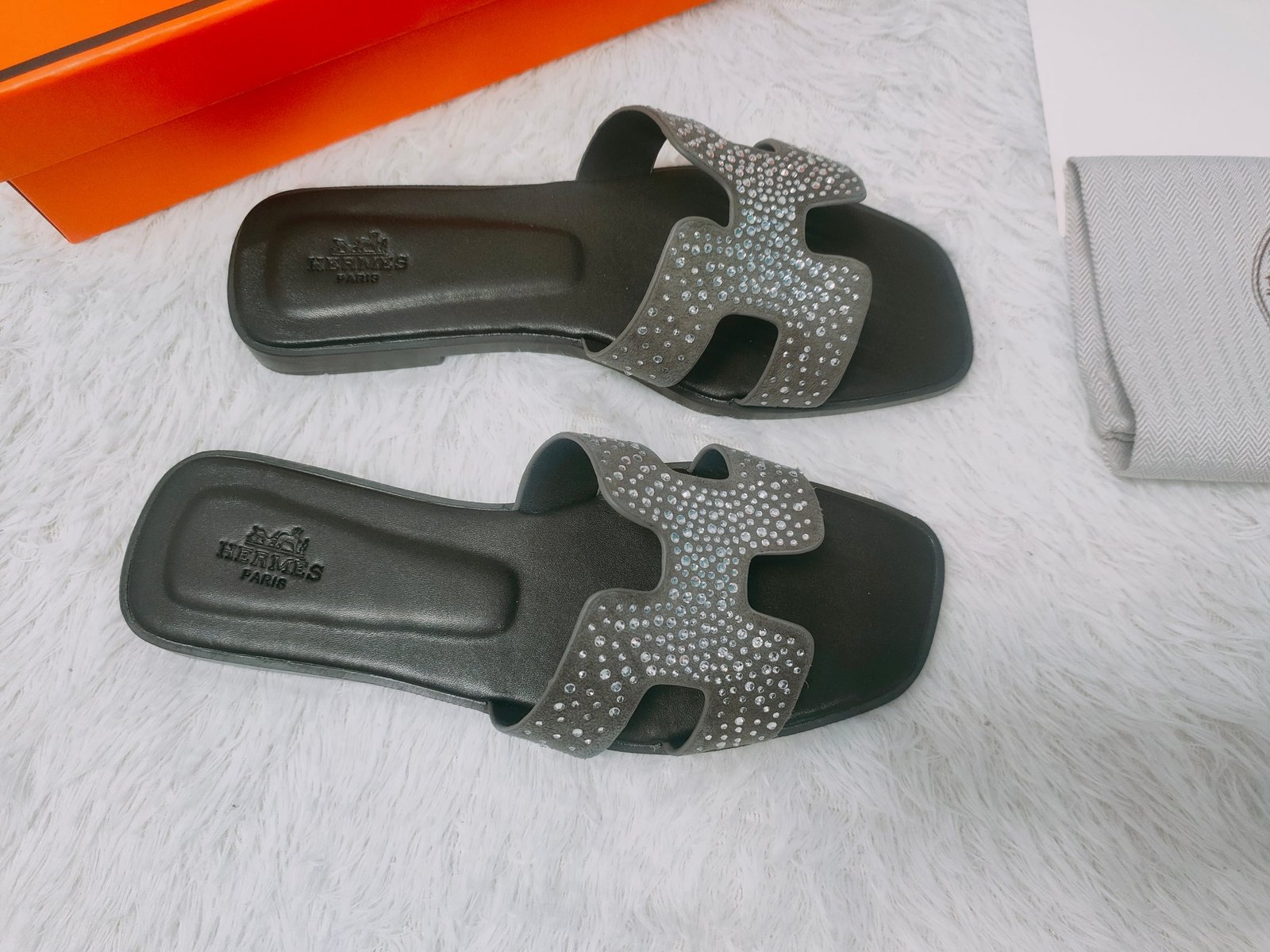 HM Oran Sandals Black Leather with Crystals - Slides - Image 2