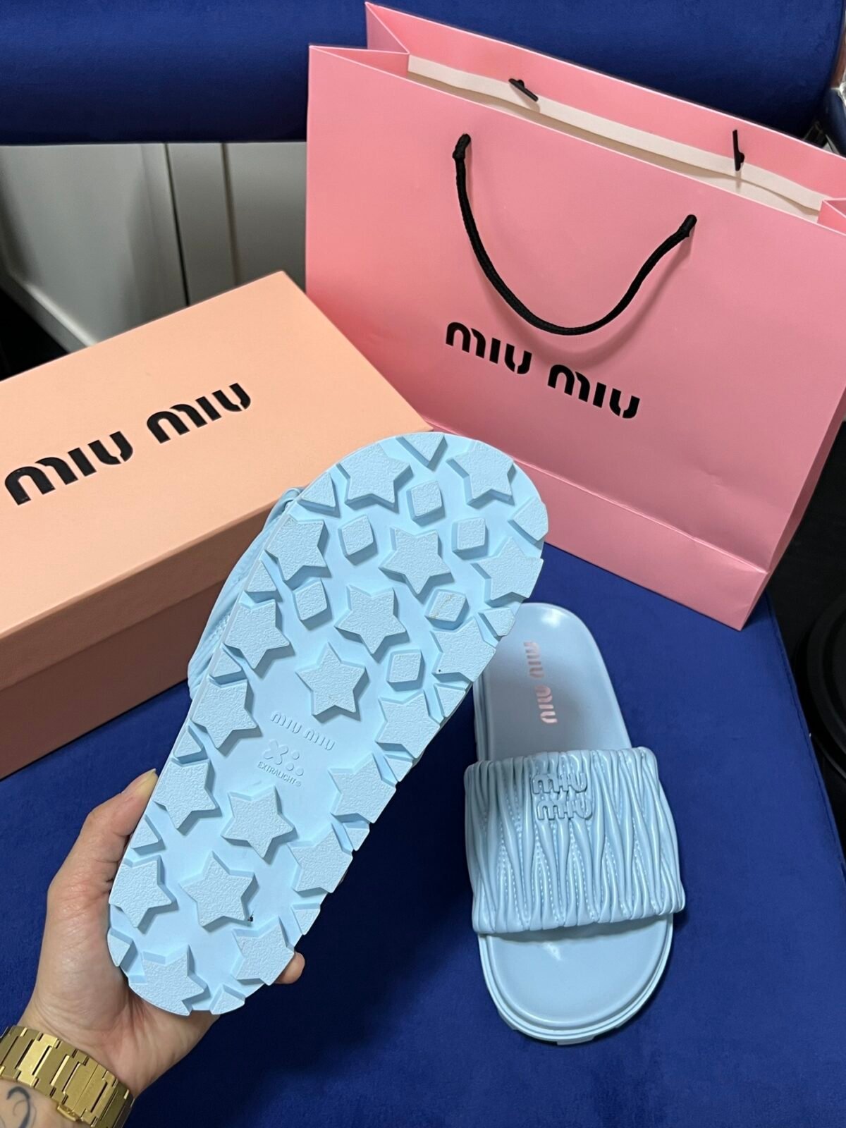MIU Ruched Nappa Leather Slides – Slides — 9