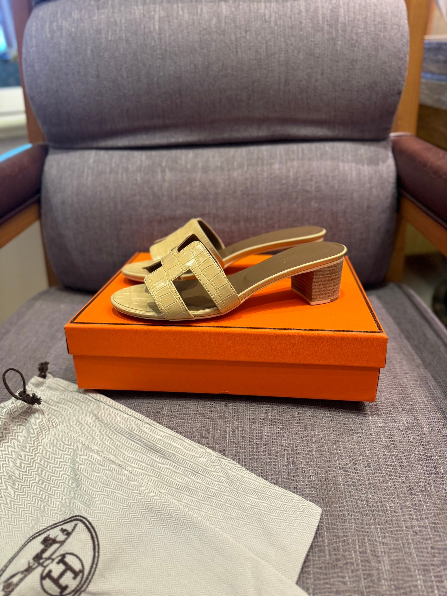HM Oran Sandals Beige Crocodile Embossed Leather - Sandals