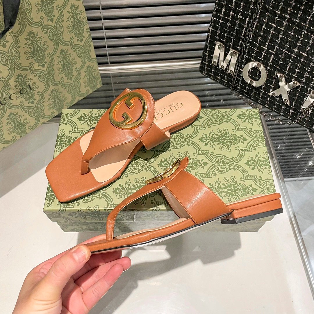 GG Marmont Thong Sandals Brown Leather - Sandals - Image 4