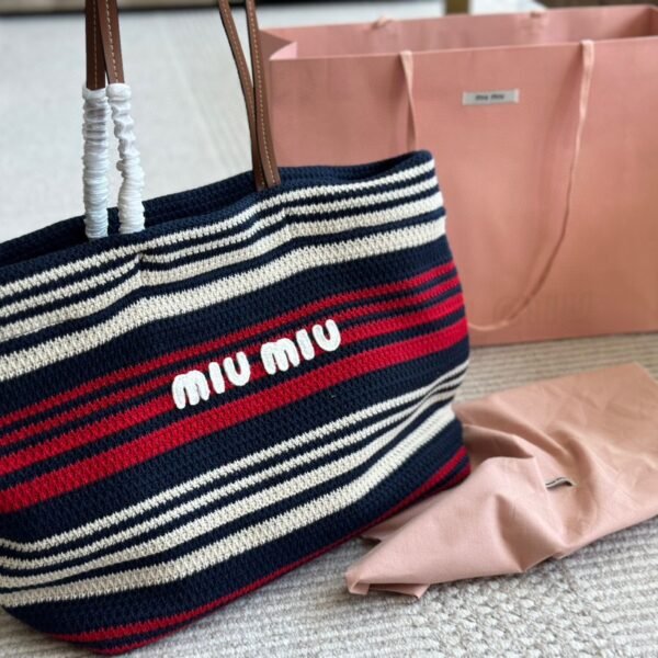 MIU Striped Crochet Tote Navy/Red - Bag