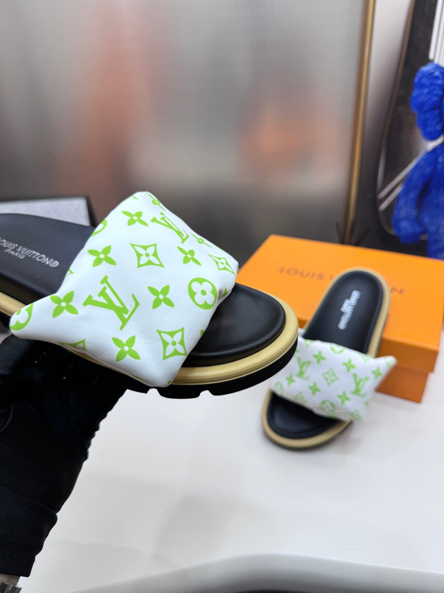 LV Pool Pillow Comfort Green/White Monogram - Slides - Image 5