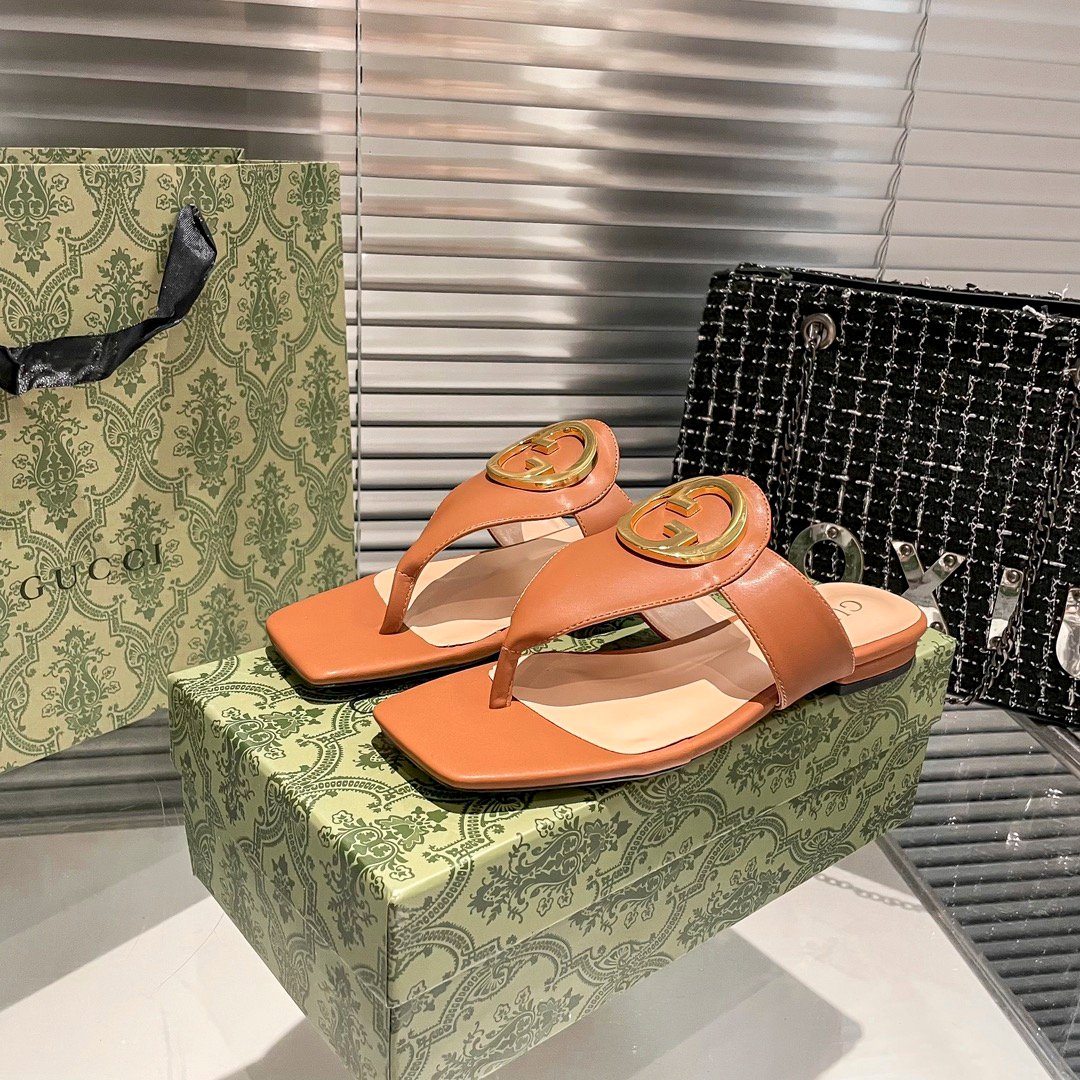 GG Marmont Thong Sandals Brown Leather - Sandals - Image 3
