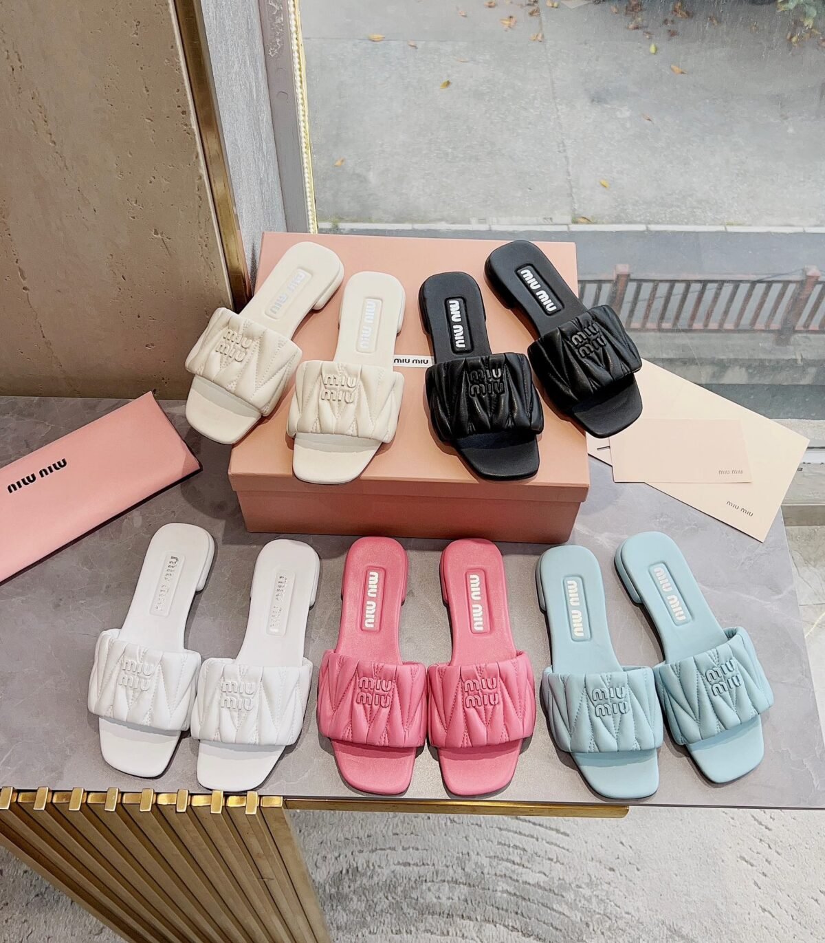 MIU Matelassé Nappa Leather Slides – Slides