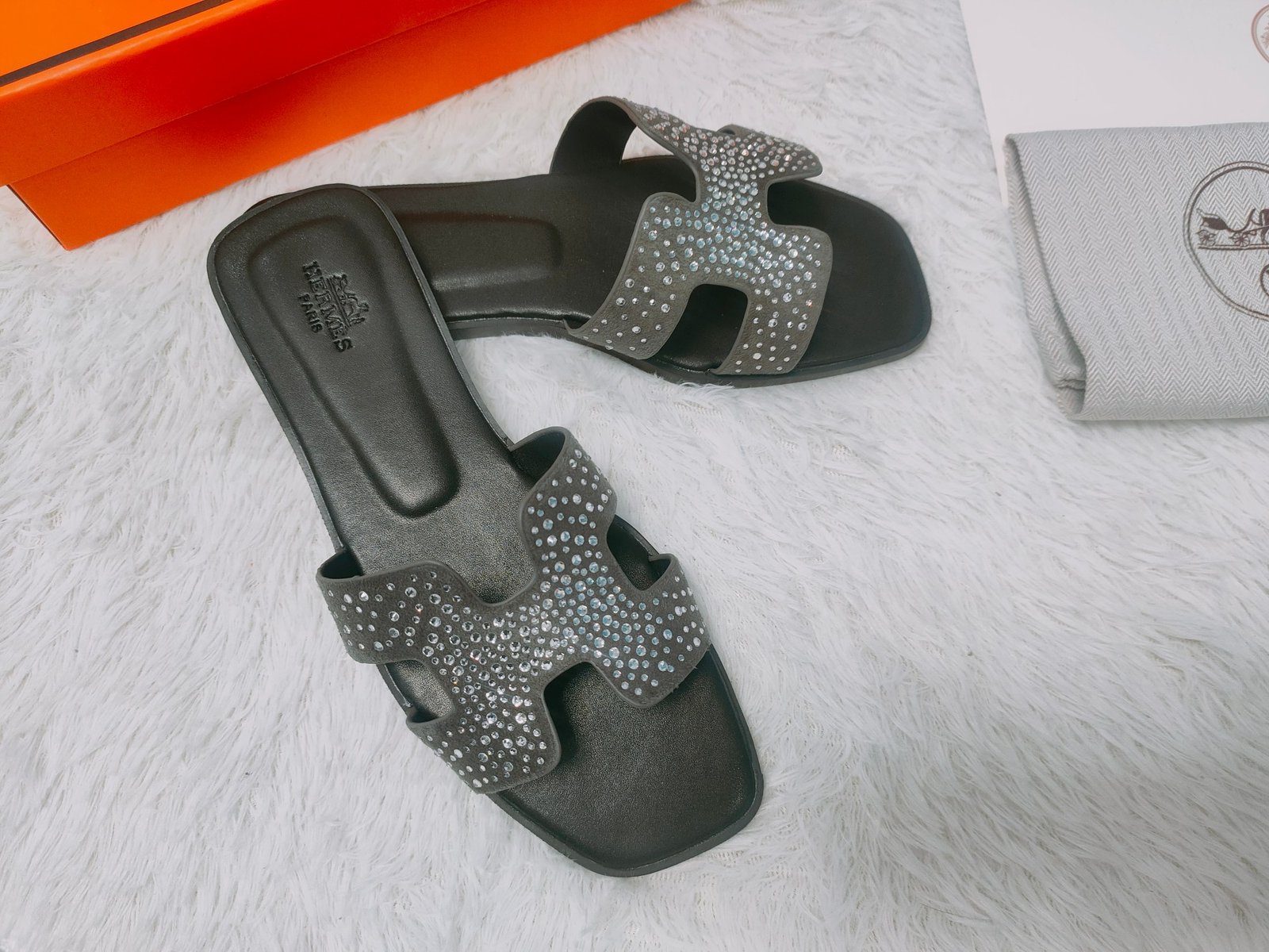HM Oran Sandals Black Leather with Crystals - Slides - Image 7