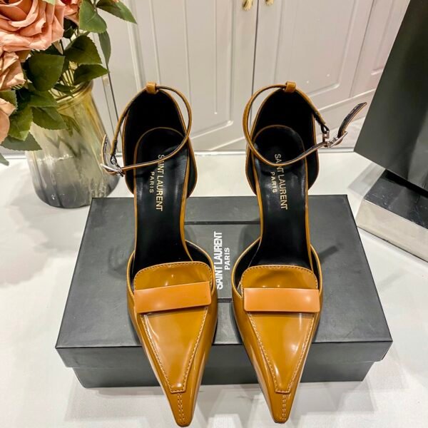 YSL Anja Pointed Toe Pumps Tan Patent Leather - Heels