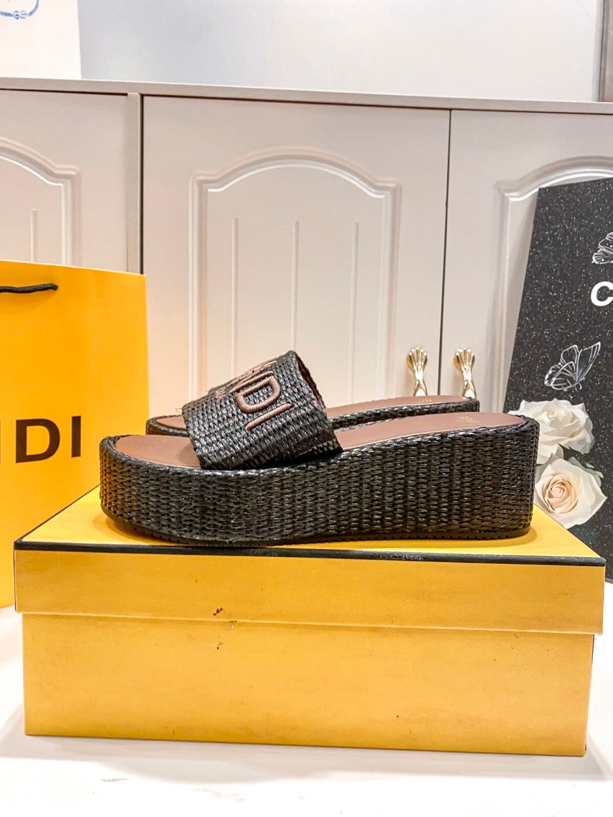 FD Colibri Wedge Black Raffia – Sandals — 6