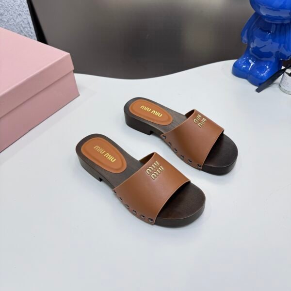 MIU Logo Slides Brown Leather - Slides