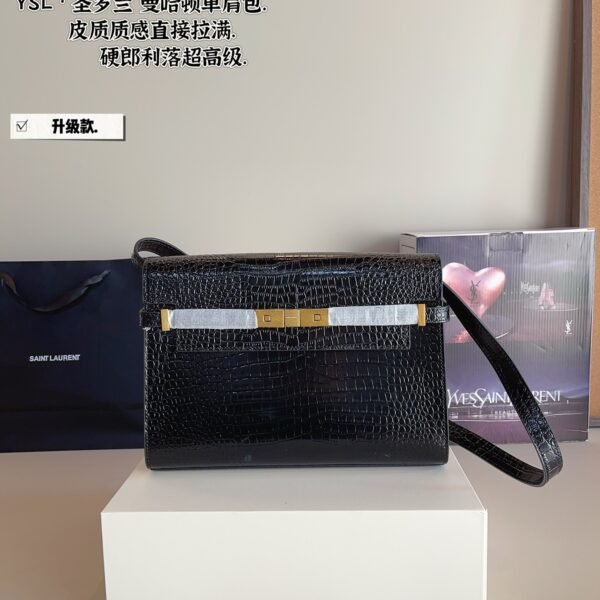 YSL Manhattan Small Black Croc Embossed Leather - Bag
