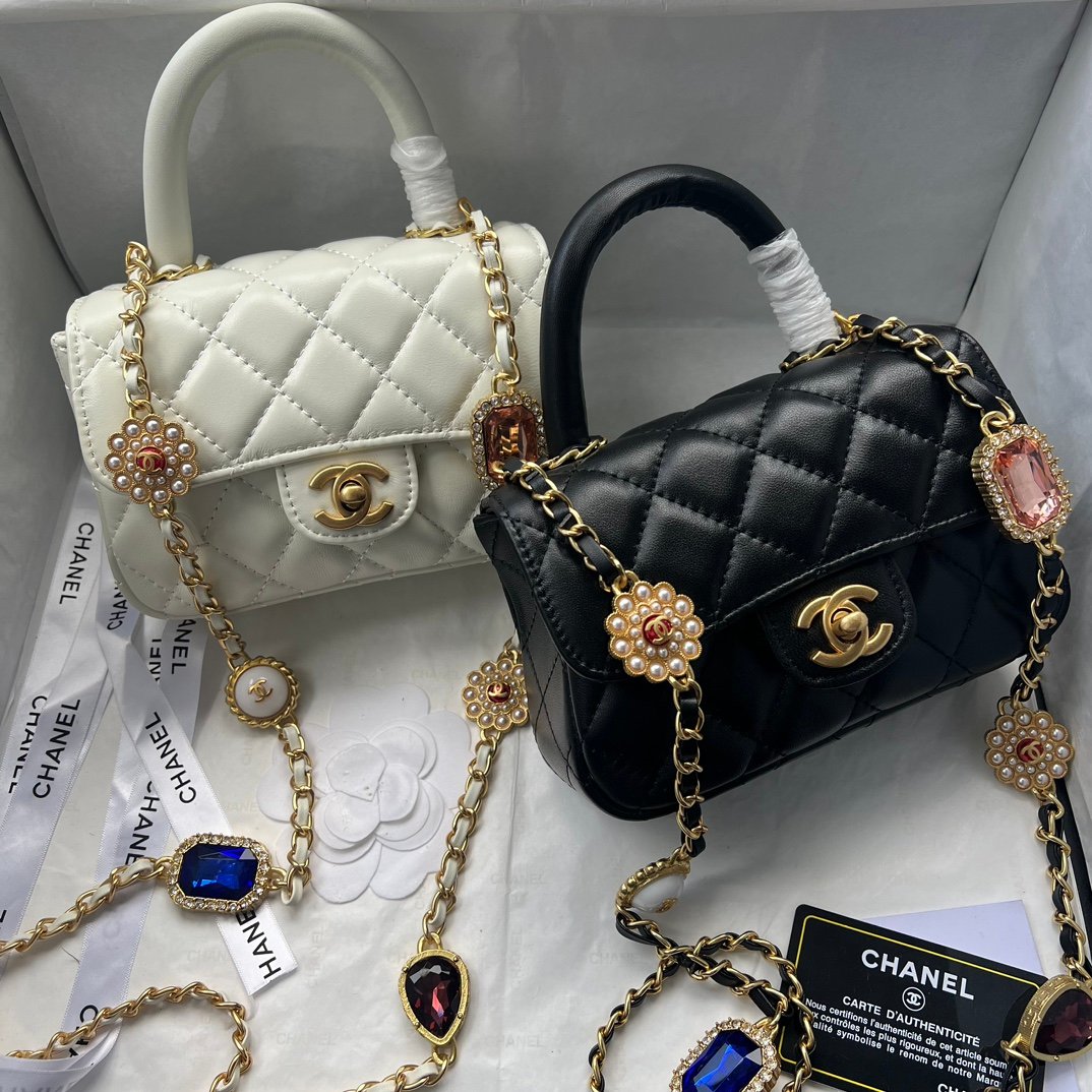 CC Mini Flap Bag with Pearl Chain Mini White and Black Lambskin - Bag - Image 2
