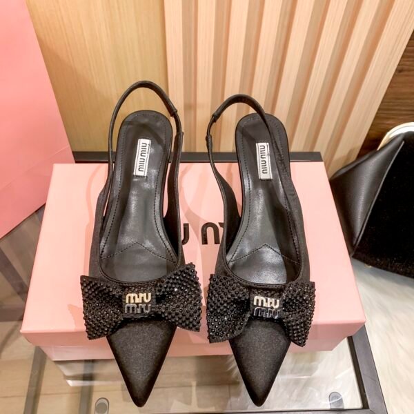 MIU Glitter Bow Slingback Black Satin - Heels