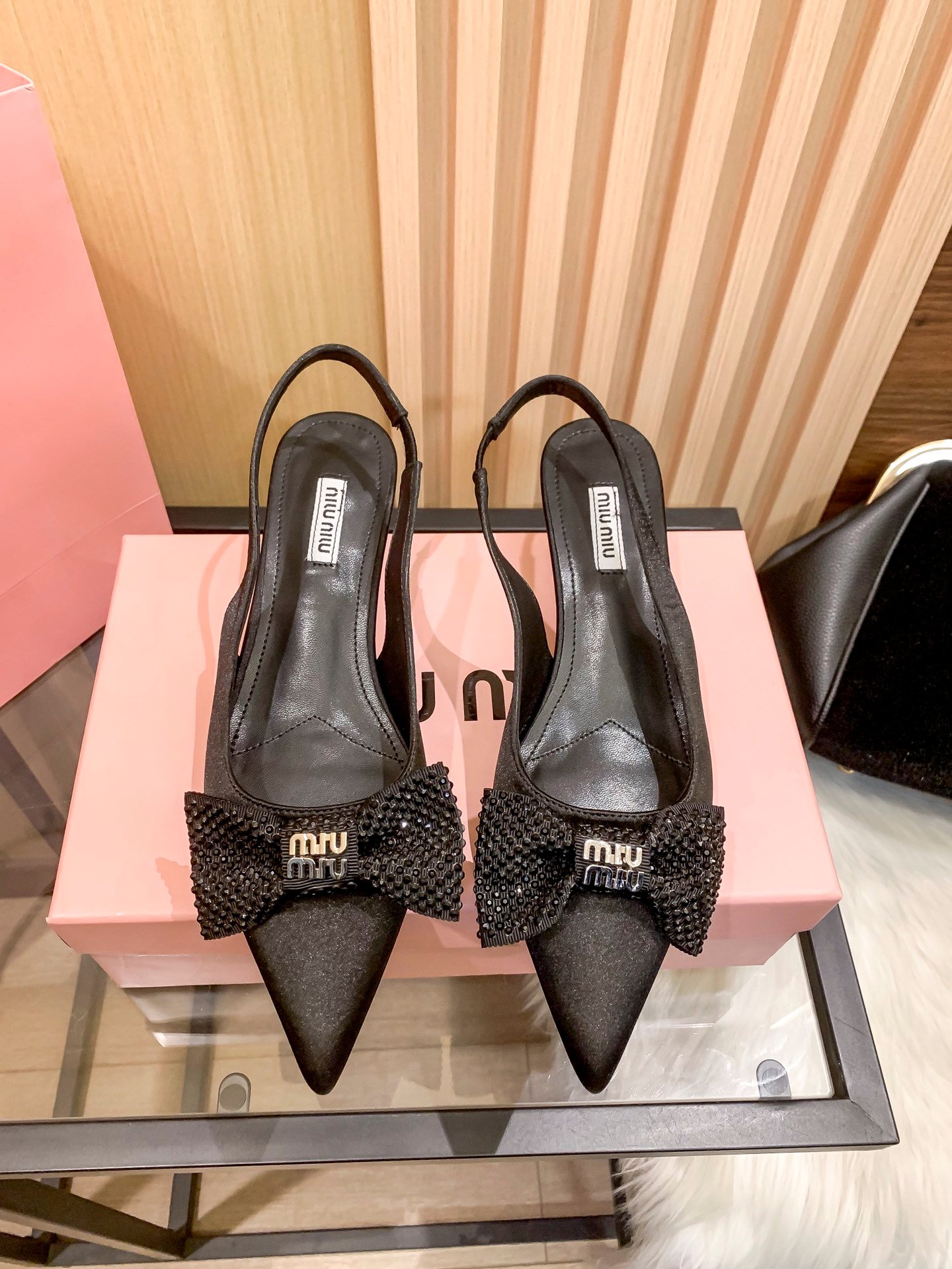 MIU Glitter Bow Slingback Black Satin - Heels