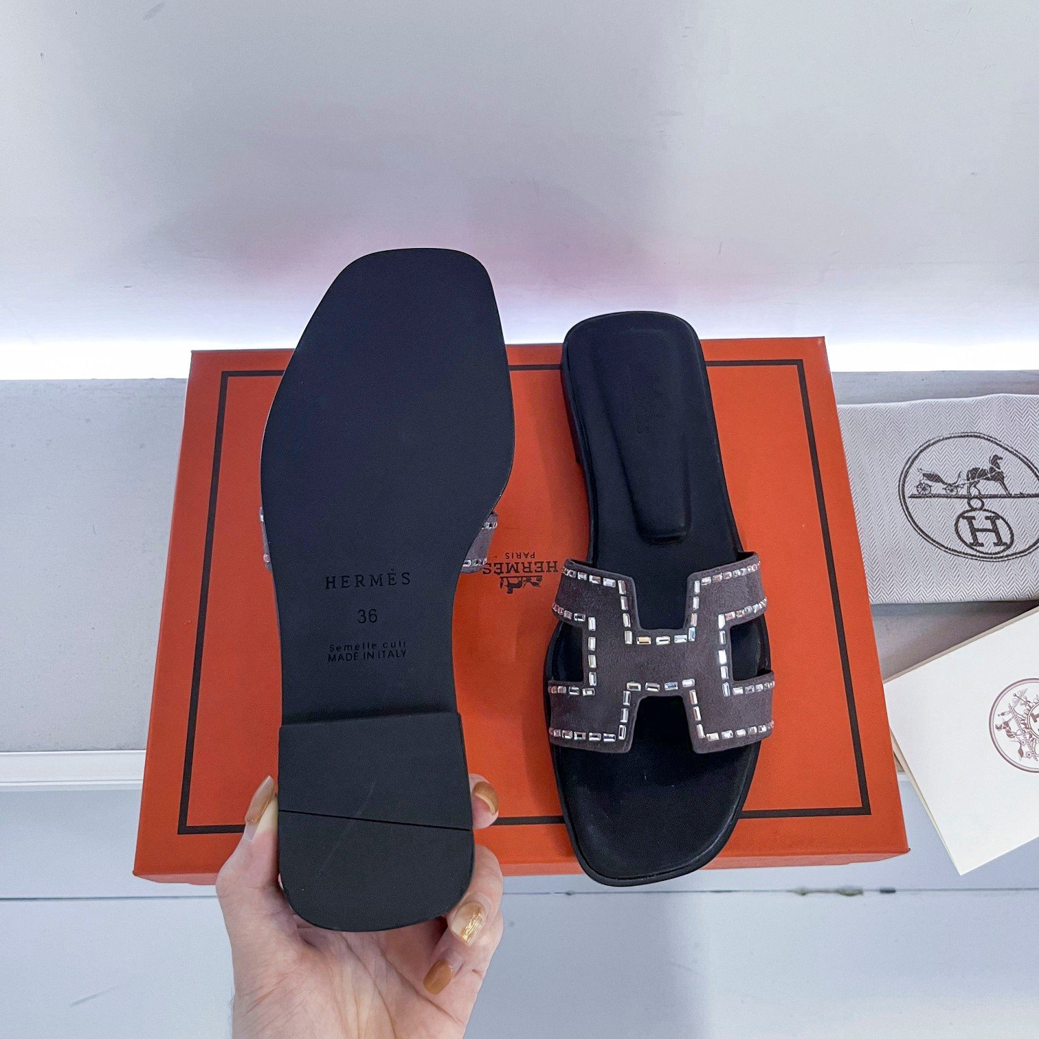 HM Oran Sandals Black Suede with Crystals - Slides - Image 7