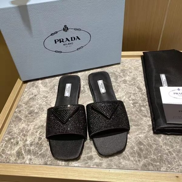 PR Crystal Embellished Square-Toe Slides Black Satin - Slides