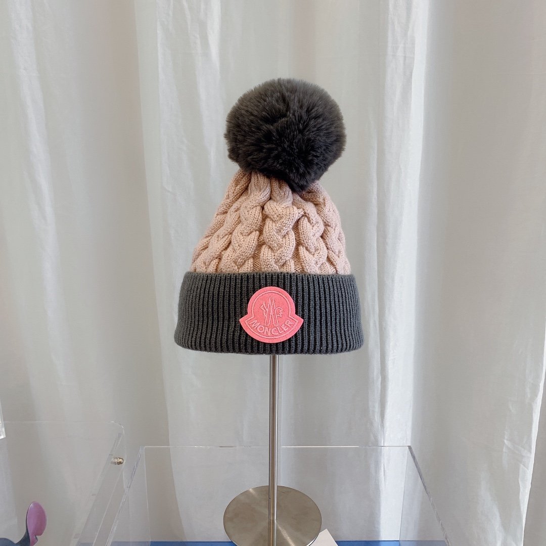 MCL Pom Pom Cable Knit Beanie Pink/Grey - Hat - Image 7