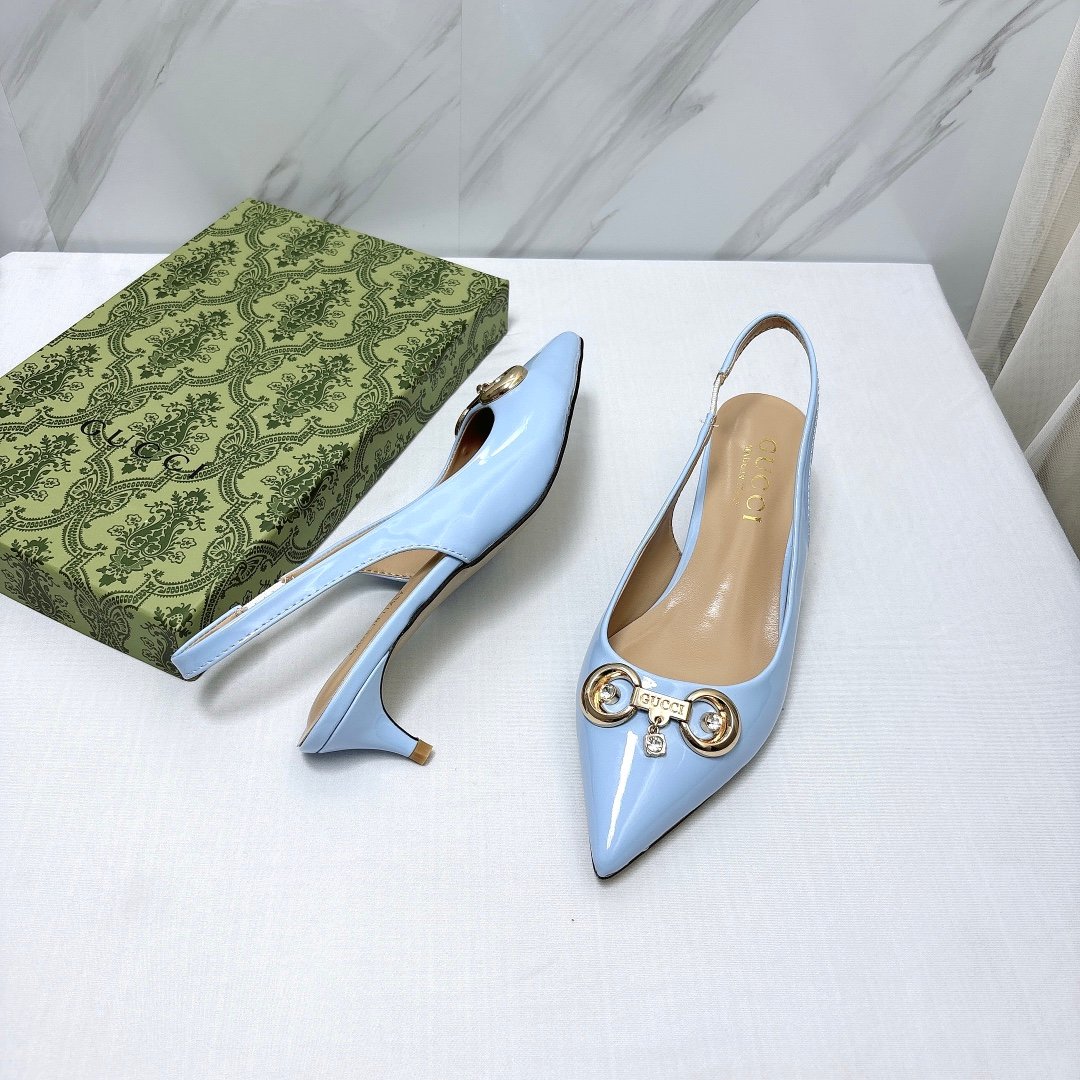 GG Horsebit Slingback Pumps Light Blue Patent Leather - Heels - Image 7