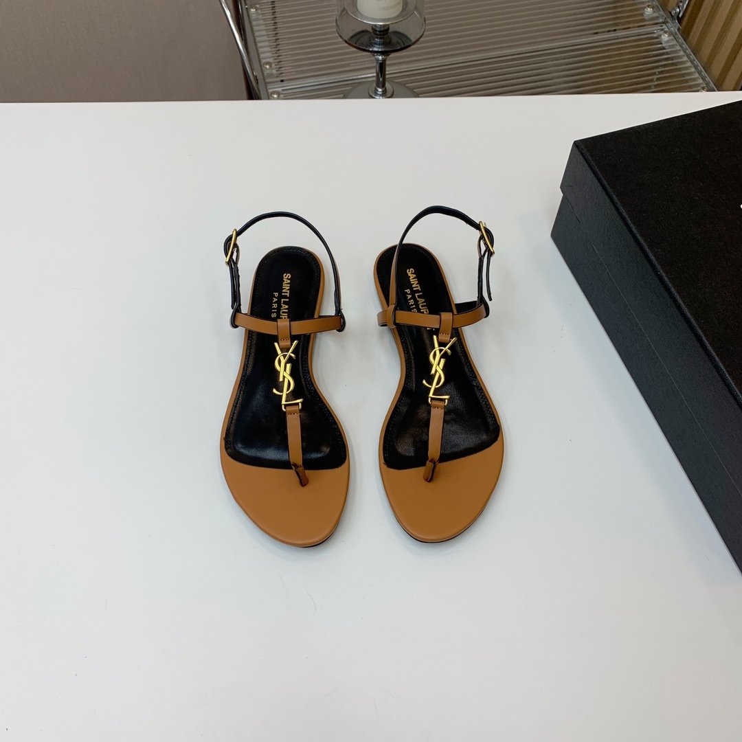 YSL Cassandra Flat Sandals Tan Leather - Sandals